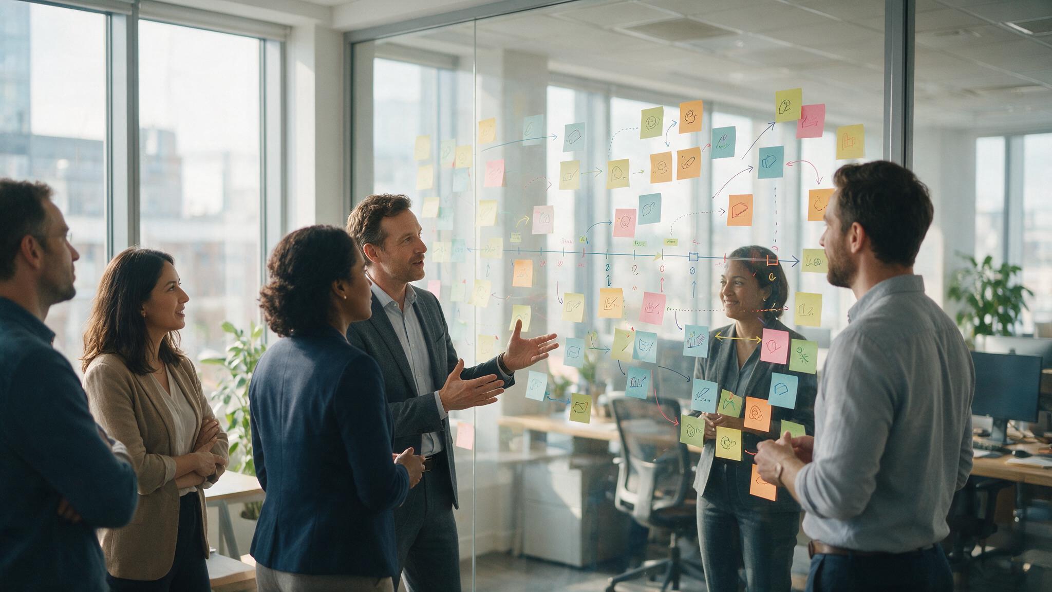 Team planning a business transformation around a wall of sticky notes